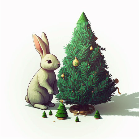 cute new year bunny next to christmas tree on monochrome white background