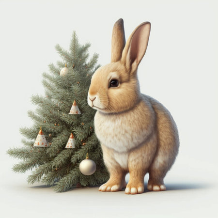 cute new year bunny next to christmas tree on monochrome white backgroundの写真素材