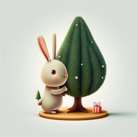 cute new year bunny next to christmas tree on monochrome white backgroundの写真素材