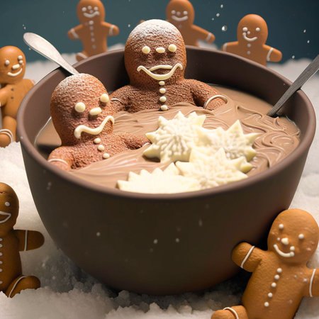 gingerbread christmas man in a cup of hot cocoa, winter christmas moodの写真素材