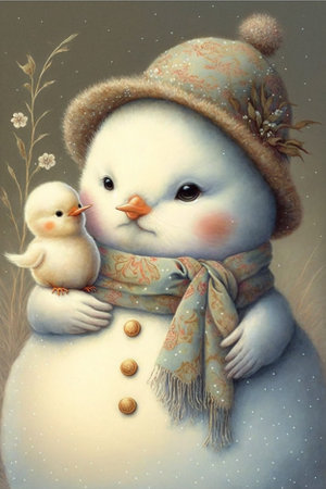 illustration of cute snowman in winter snowy landscape, christmas moodの写真素材