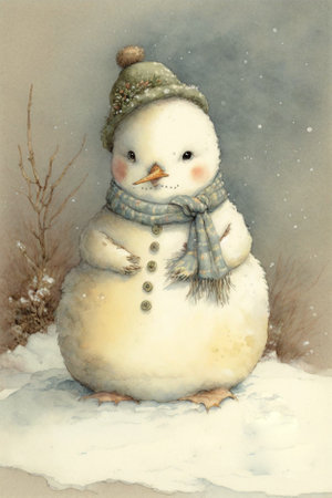 illustration of cute snowman in winter snowy landscape, christmas moodの写真素材