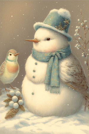 illustration of cute snowman in winter snowy landscape, christmas moodの写真素材