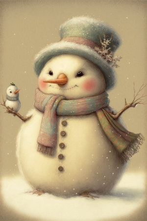 illustration of cute snowman in winter snowy landscape, christmas moodの写真素材