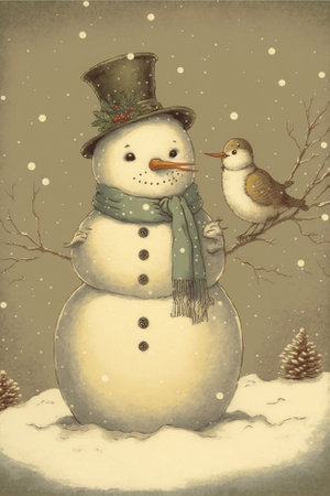illustration of cute snowman in winter snowy landscape, christmas moodの写真素材