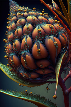 3d illustration exotic plant, flowers and buds, bright colors, floral backgroundの写真素材
