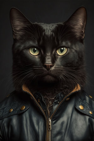 3d illustration gorgeous studio portrait of a black cat in a leather jacketの写真素材