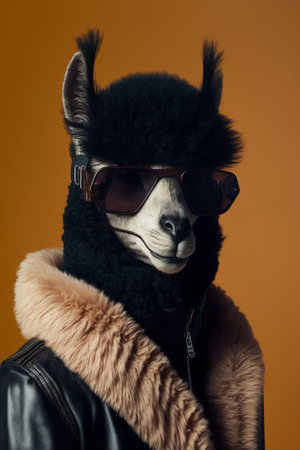 3d illustration gorgeous studio portrait of a lama in a leather jacketの写真素材