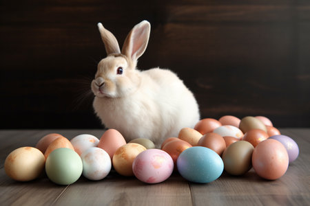 adorable fluffy little bunny in a basket against a spring background with Easter eggs, easter cardの素材