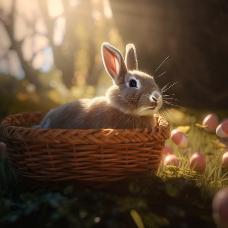 adorable fluffy little bunny in a basket against a spring background with Easter eggs, easter cardの素材