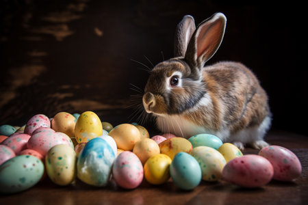 adorable fluffy little bunny in a basket against a spring background with Easter eggs, easter cardの素材