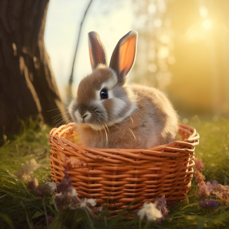 adorable fluffy little bunny in a basket against a spring background with Easter eggs, easter cardの素材