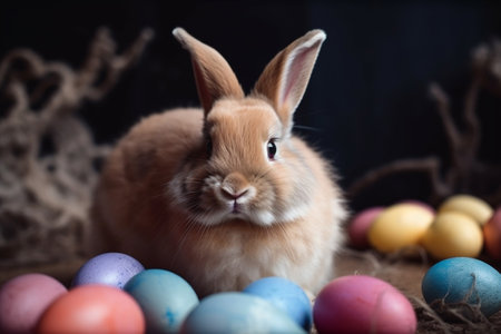 adorable fluffy little bunny in a basket against a spring background with Easter eggs, easter cardの素材