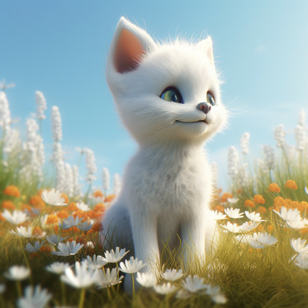 happy little white kitten in a spring meadow, against the background of flowers and grassの写真素材