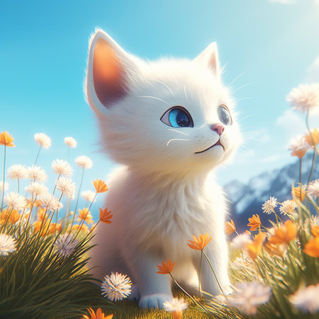 happy little white kitten in a spring meadow, against the background of flowers and grassの写真素材