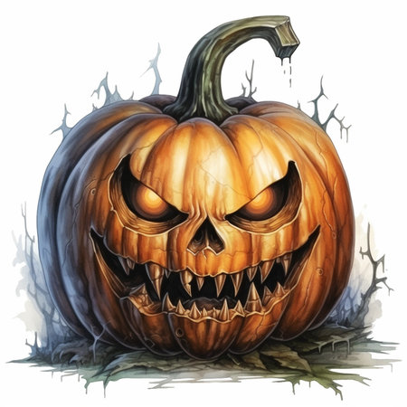 Halloween pumpkin, watercolor drawing illustration, funny and scary pumpkin face, AI generatedの素材