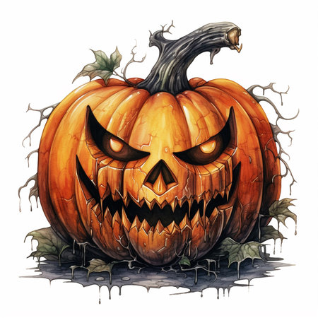Halloween pumpkin, watercolor drawing illustration, funny and scary pumpkin face, AI generatedの素材
