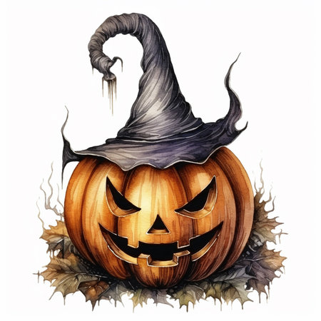Halloween pumpkin, watercolor drawing illustration, funny and scary pumpkin face, AI generatedの素材