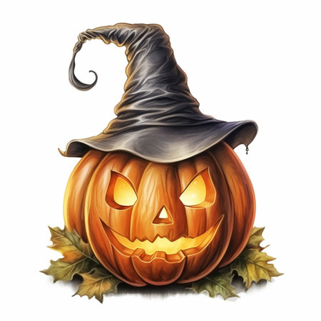 Halloween pumpkin, watercolor drawing illustration, funny and scary pumpkin face, AI generatedの素材