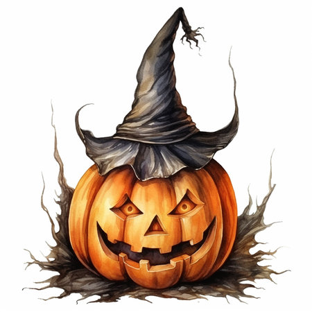 Halloween pumpkin, watercolor drawing illustration, funny and scary pumpkin face, AI generatedの素材