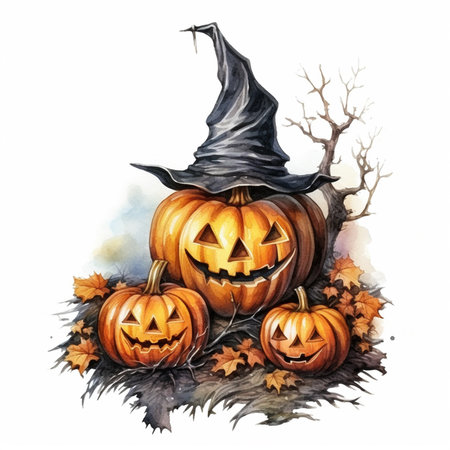 Halloween pumpkin, watercolor drawing illustration, funny and scary pumpkin face, AI generatedの素材