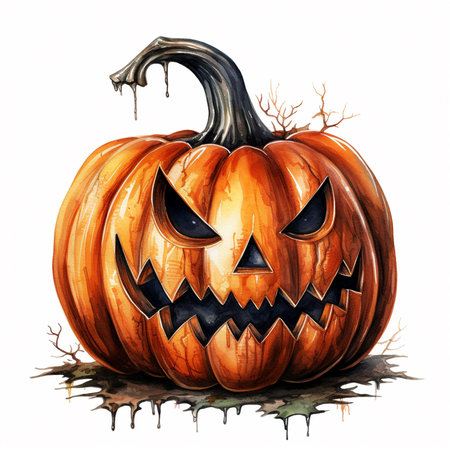 Halloween pumpkin, watercolor drawing illustration, funny and scary pumpkin face, AI generatedの素材
