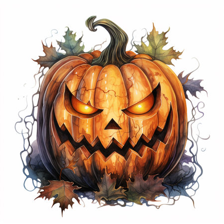 Halloween pumpkin, watercolor drawing illustration, funny and scary pumpkin face, AI generatedの素材