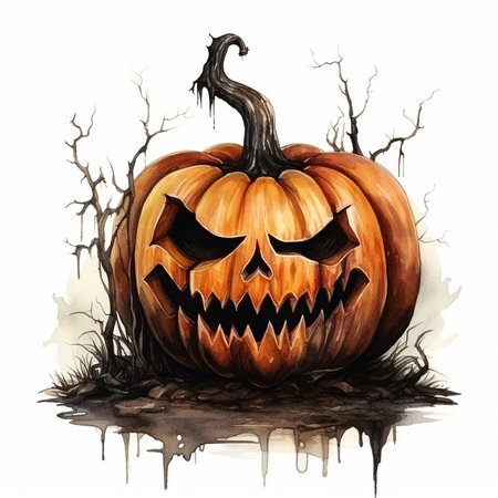 Halloween pumpkin, watercolor drawing illustration, funny and scary pumpkin face, AI generatedの素材