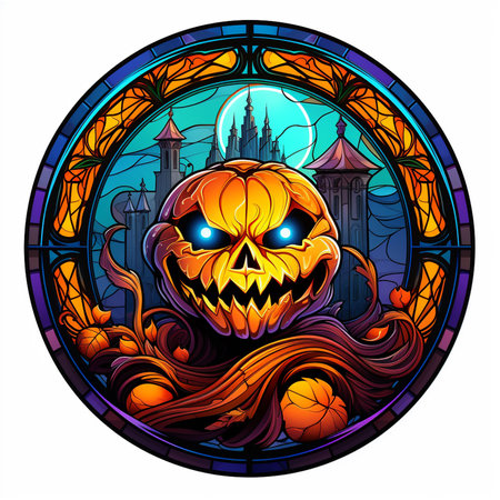 Colorful round stained glass Halloween window with pumpkin, cartoon, illustration on white background, AI generatedの素材