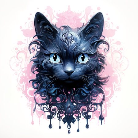 Halloween theme: black cat with pumpkin with pink decoration, illustration on white background, AI generatedの素材