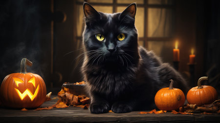 Halloween theme: black cat sitting next to pumpkins, AI generatedの素材