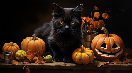 Halloween theme: black cat sitting next to pumpkins, AI generatedの素材