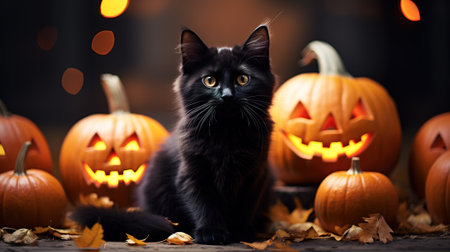 Halloween theme: black cat sitting next to pumpkins, AI generatedの素材