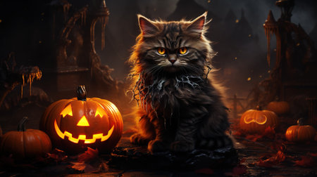 Halloween theme: black cat sitting next to pumpkins, AI generatedの素材