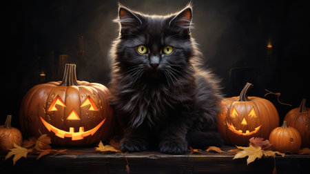 Halloween theme: black cat sitting next to pumpkins, AI generatedの素材