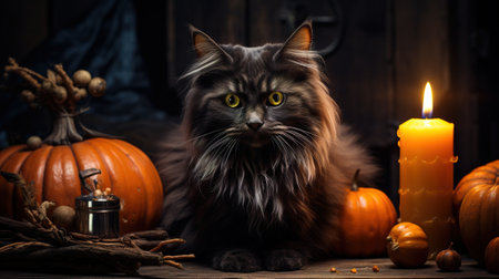 Halloween theme: black cat sitting next to pumpkins, AI generatedの素材