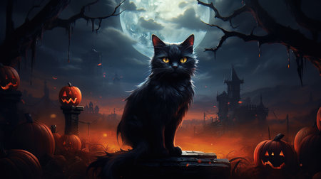 Halloween theme: black cat sitting next to pumpkins, AI generatedの素材
