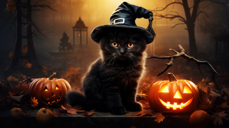 Halloween theme: black cat sitting next to pumpkins, AI generatedの素材