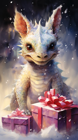Cute friendly smiling Christmas dragon with gifts against the backdrop of a winter landscape in pastel colors, New Year's watercolor illustration, AI generatedの素材