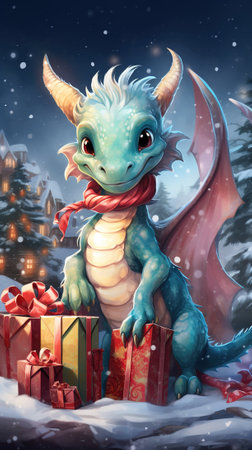 Cute friendly smiling Christmas dragon with gifts against the backdrop of a winter landscape in pastel colors, New Year's watercolor illustration, AI generatedの素材