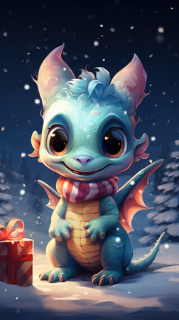 Cute friendly smiling Christmas dragon with gifts against the backdrop of a winter landscape in pastel colors, New Year's watercolor illustration, AI generatedの素材