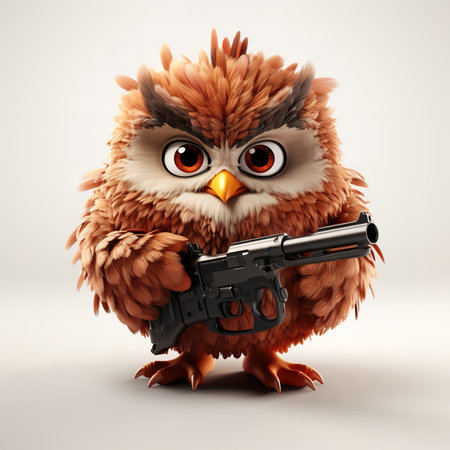 cute fluffy cartoon owl with a weapon and a pistol, on a white backgroundの素材
