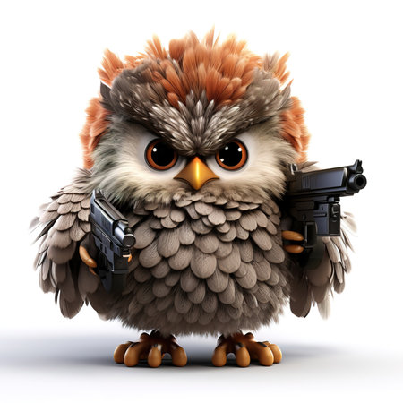 cute fluffy cartoon owl with a weapon and a pistol, on a white backgroundの素材