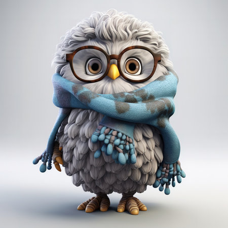 cute fluffy cartoon owl in a knitted scarf and glasses, on a white backgroundの素材