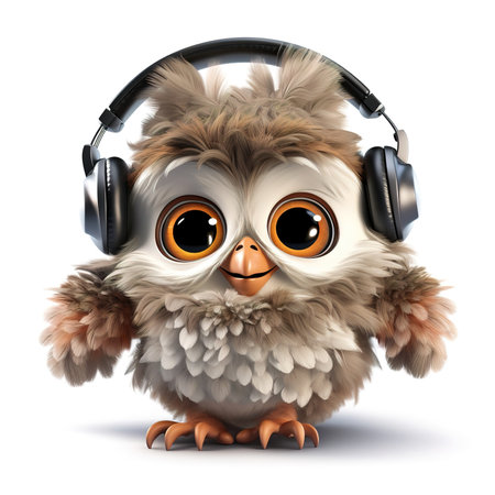 cute fluffy cartoon owl wearing headphones on a white backgroundの素材
