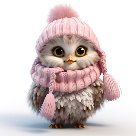 cute fluffy cartoon owl in a knitted scarf and hat on a white backgroundの素材