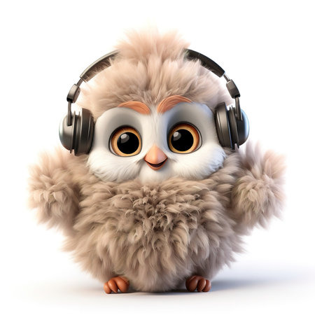 cute fluffy cartoon owl wearing headphones on a white backgroundの素材