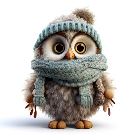cute fluffy cartoon owl in a knitted scarf and hat on a white backgroundの素材