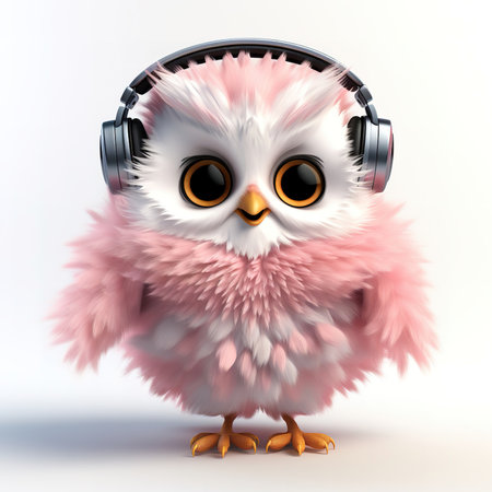 cute fluffy cartoon owl wearing headphones on a white backgroundの素材