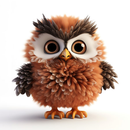 cute fluffy cartoon owl on white backgroundの素材